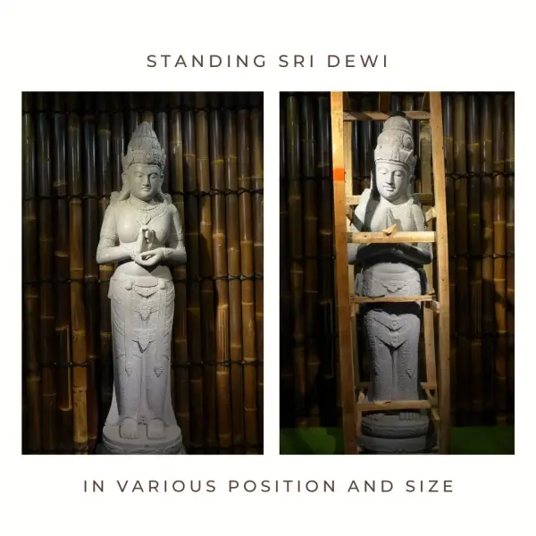 Product image 1 of the product “Standing Sri Dewi, Folded hands and Turning the wheels models, sizes 160cm and 175cm, Natural finish ”
